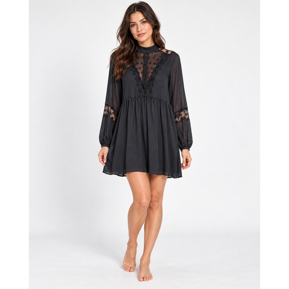 GUESS Black Sheer Star Lace Babydoll Dress Large Celestial Whimsigoth Gothic